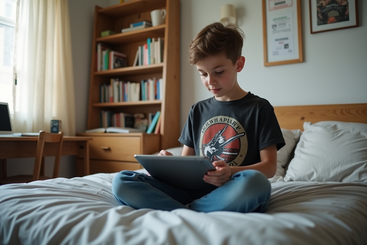 Adolescent en train de réparer une tablette dans sa chambre