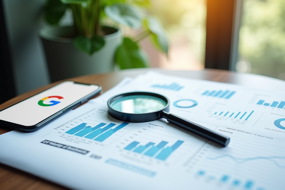 Loupe sur rapport SEO avec graphiques et smartphone
