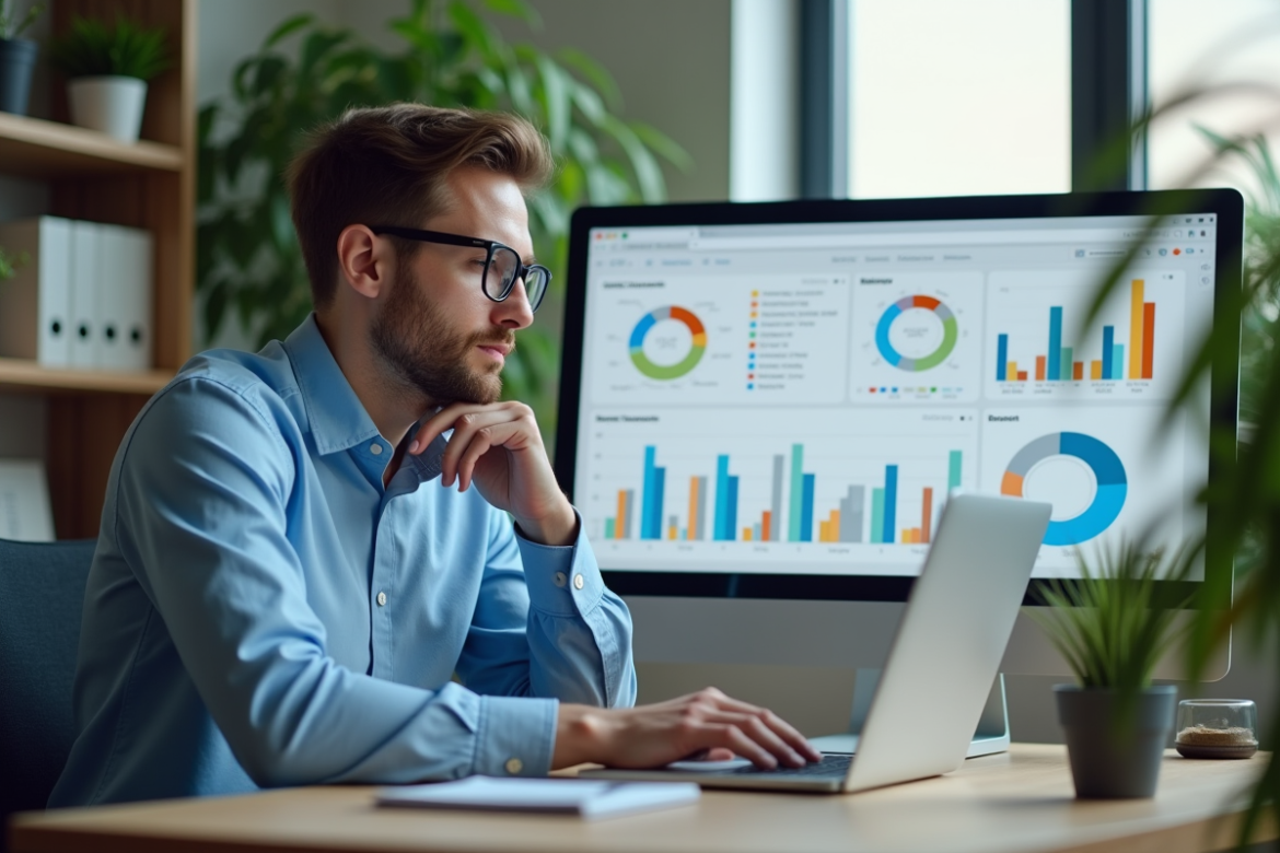 Jeune homme analysant des graphiques web dans un bureau moderne