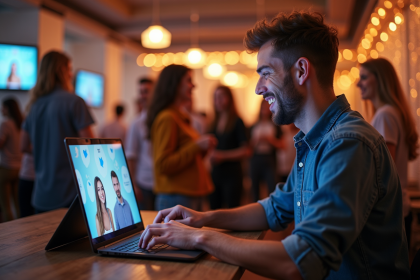 Homme enthousiaste utilisant un logiciel photo en intérieur