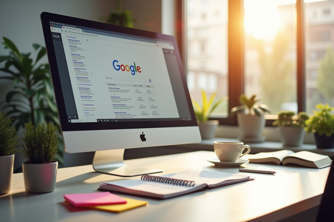 Bureau moderne avec ordinateur et notes colorées pour SEO