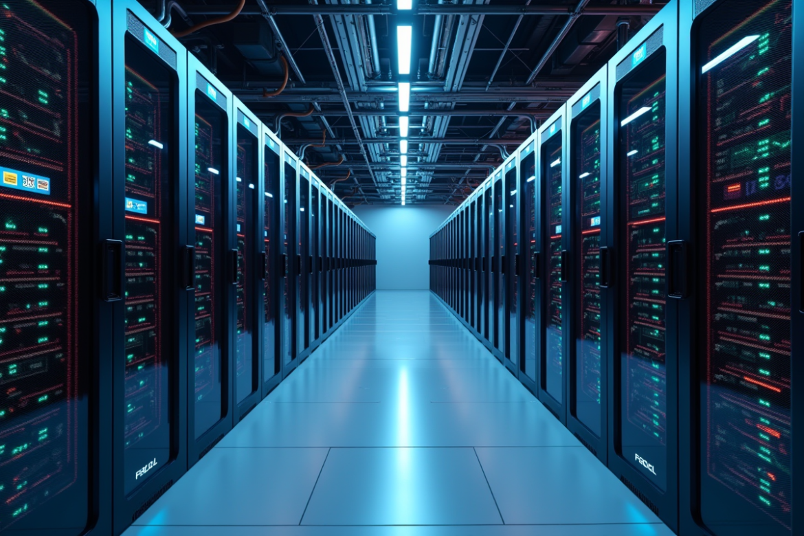 Intérieur d'un centre de données moderne avec racks de serveurs lumineux