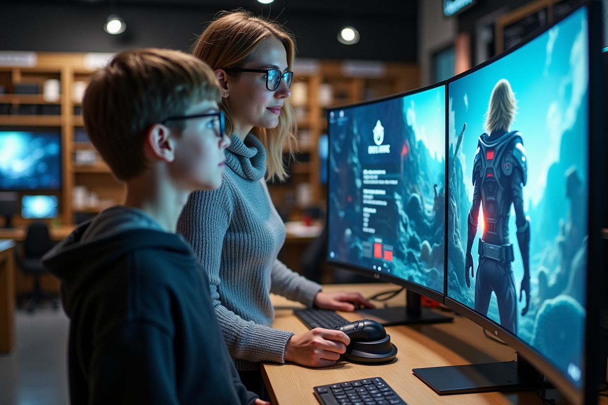 Femme montrant un moniteur gaming à un adolescent curieux