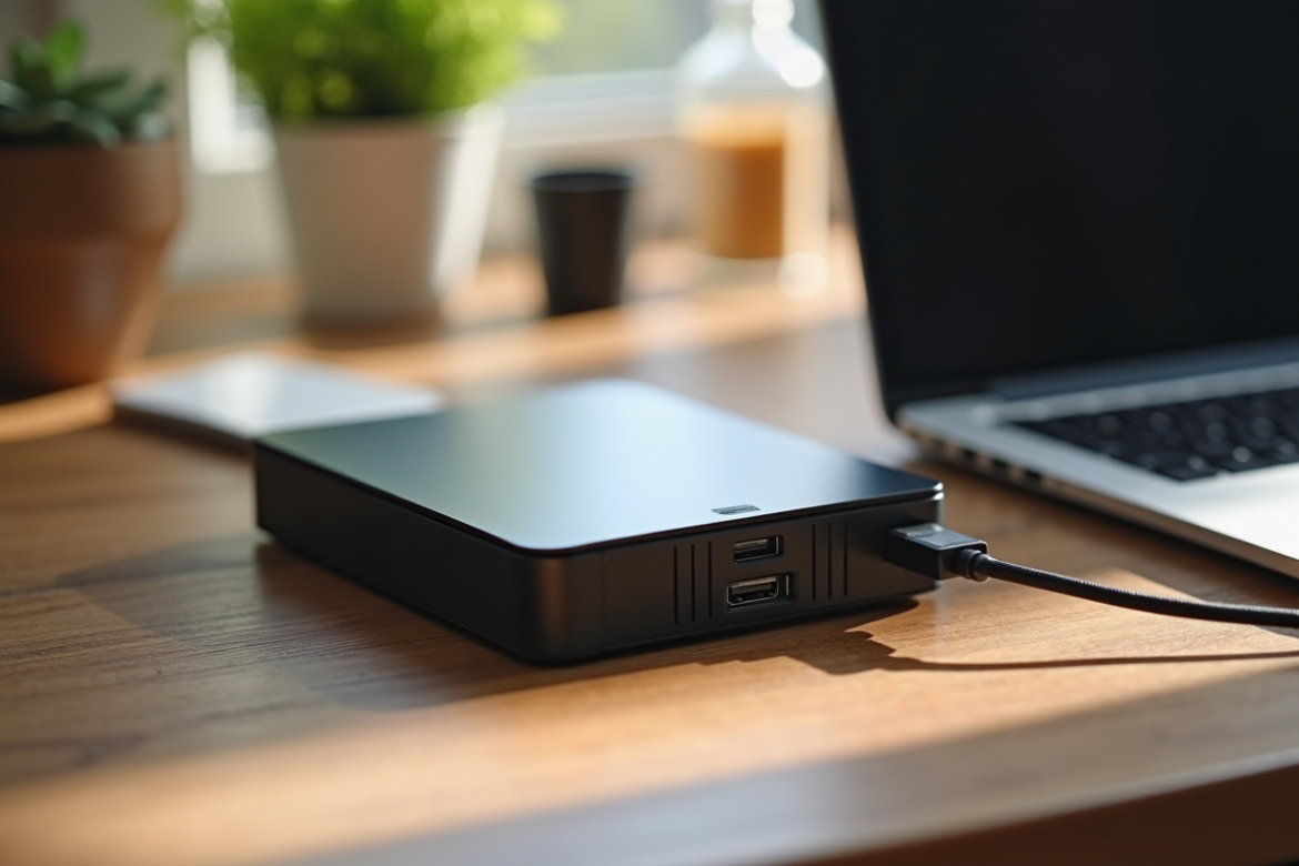 Disque dur externe connecté à un ordinateur portable sur un bureau en bois