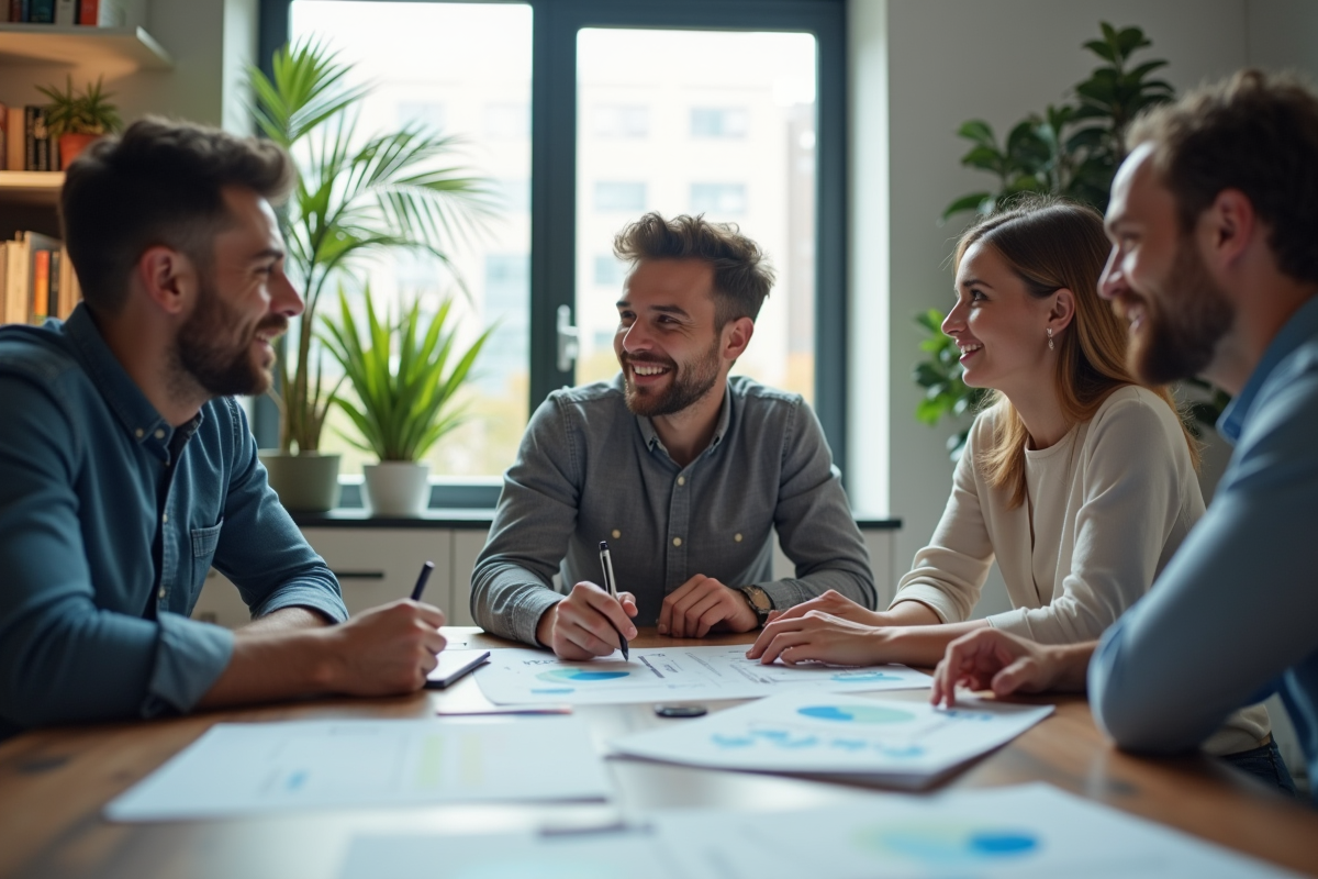 Groupe de trois personnes en réunion brainstorming SEO