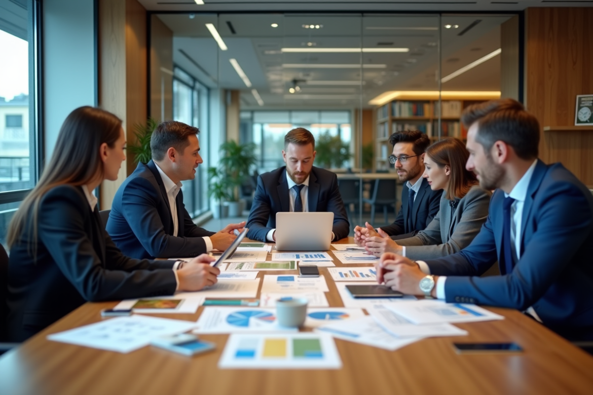 Groupe de professionnels en réunion dans un bureau moderne