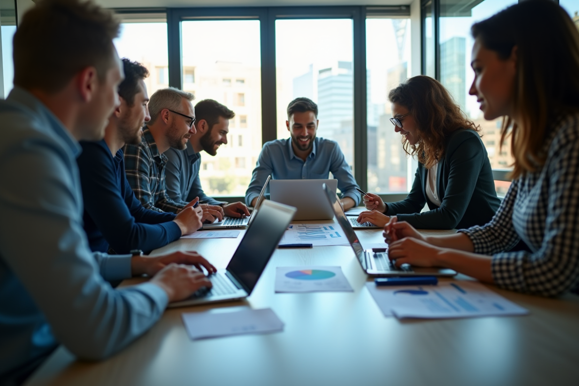 Equipe marketing diverse analysant des graphiques numériques