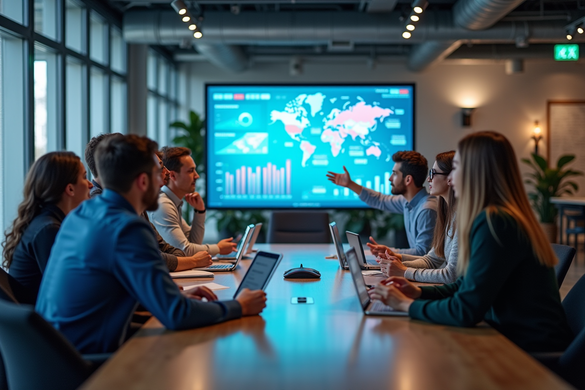 Groupe de jeunes marketeurs discutant autour d un ecran interactif