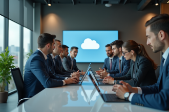 Groupe de professionnels en réunion avec table et écrans cloud