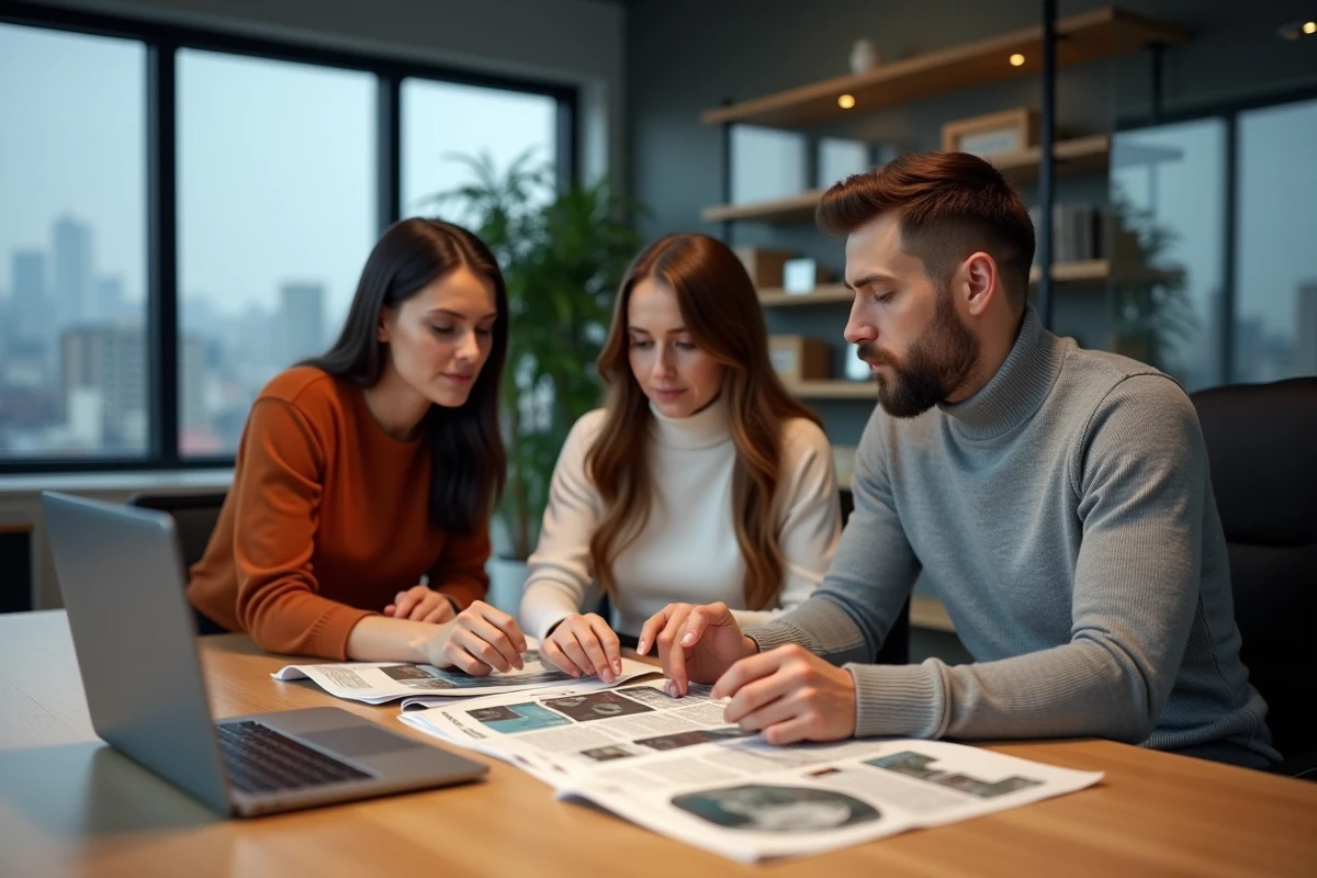Équipe de professionnels discutant de tendances web autour d'un magazine high-tech et d'un ordinateur portable en salle de réunion
