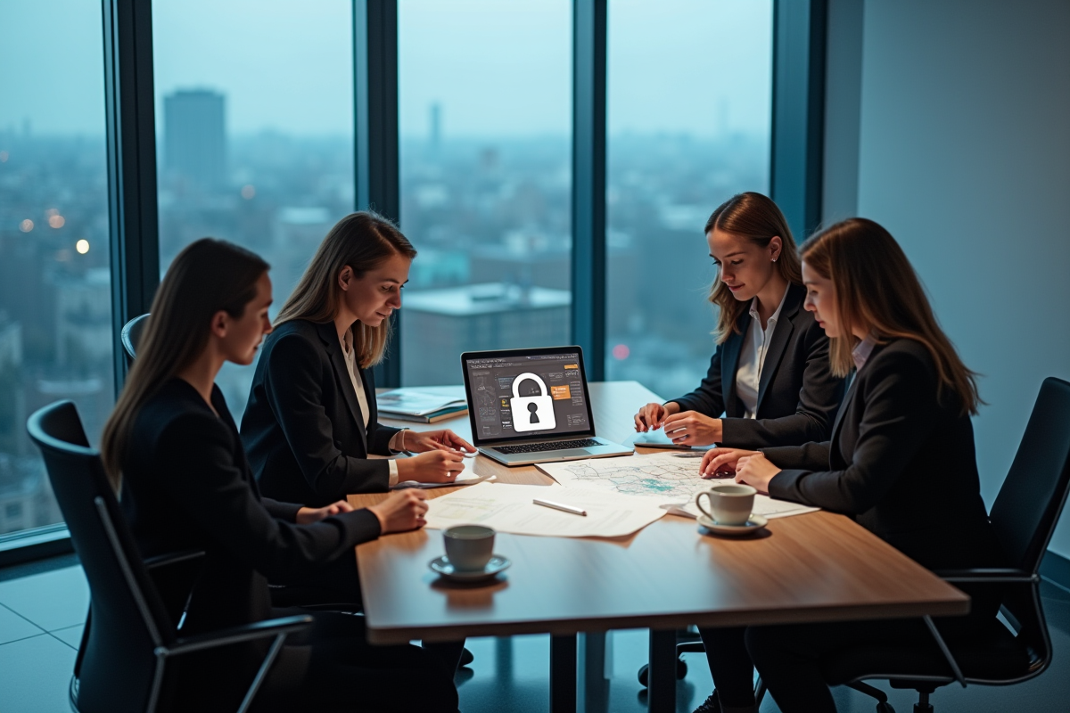 Groupe de spécialistes en cybersécurité analysant un diagramme réseau