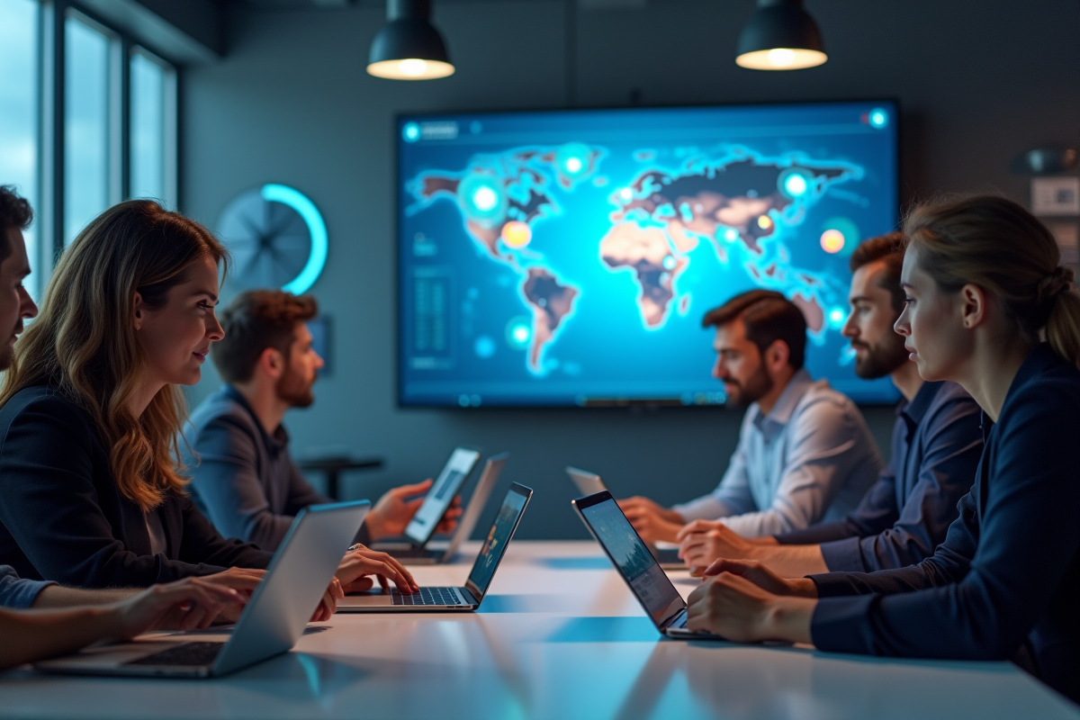 Équipe de professionnels collaborant autour d un écran avec graphiques et icônes cloud