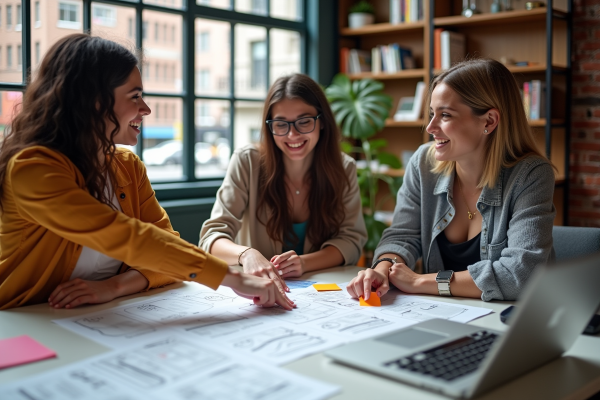 Groupe de femmes discutant autour de wireframes et checklists web