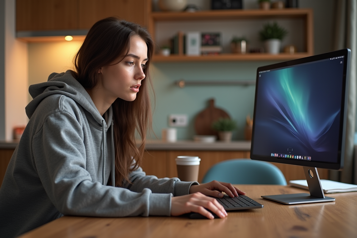 Étudiante à la maison compare un laptop et moniteur QHD