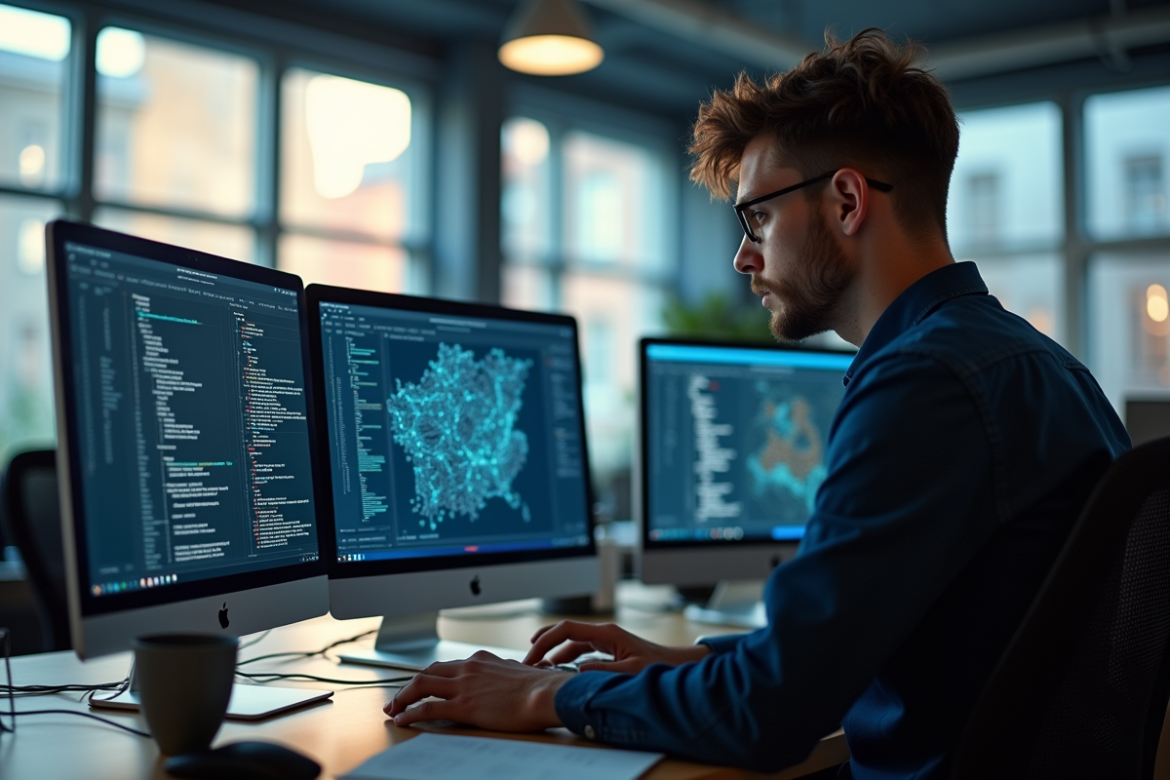 Jeune experte en cybersécurité dans un open space moderne en France