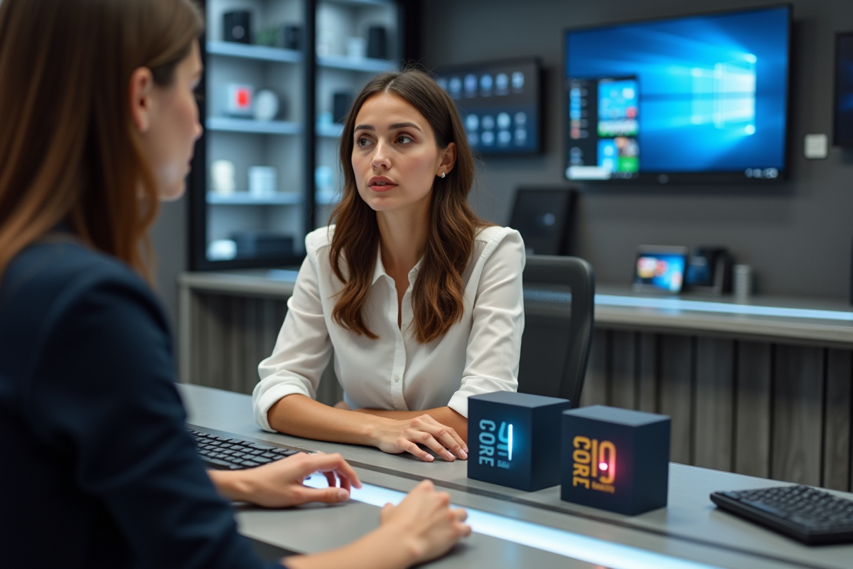 Femme examine des processeurs en magasin informatique