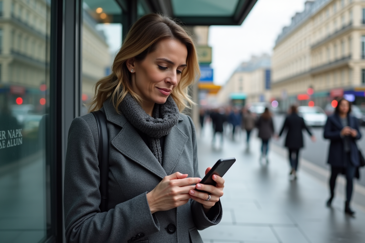 Femme regardant son smartphone à un arrêt de bus parisien