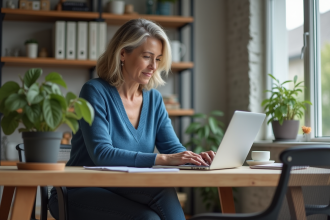 Femme d'âge moyen travaillant sur son ordinateur dans un bureau moderne