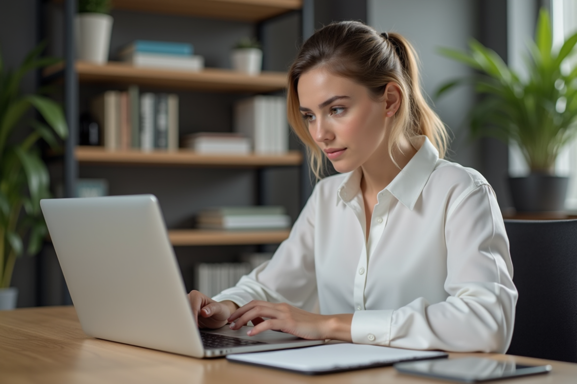 Jeune femme au bureau travaillant sur son ordinateur portable