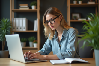 Femme concentrée travaillant sur son ordinateur au bureau
