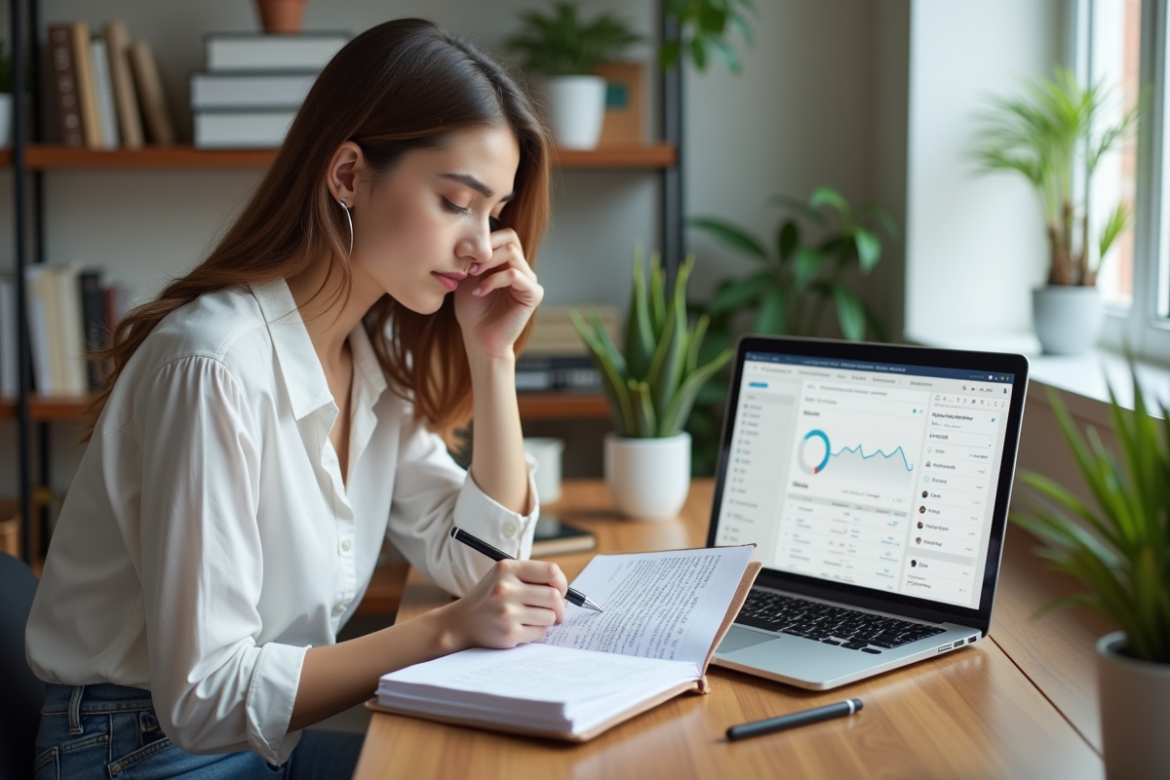 Jeune femme en bureau moderne avec notes SEO