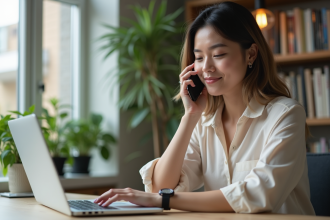 Femme au bureau bloquant un appel sur son smartphone