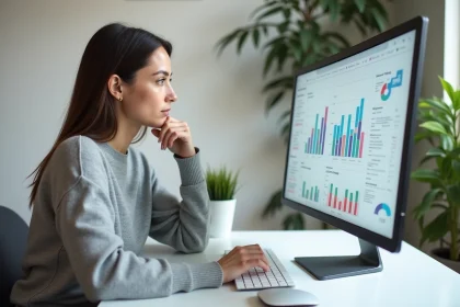 Femme consultant un webzine high-tech sur un grand écran ultrawide dans un bureau moderne minimaliste