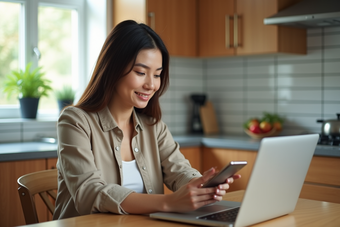 Femme assise à la cuisine avec ordinateur et smartphone