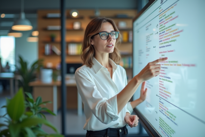 Femme professionnelle expliquant une API dans un bureau moderne