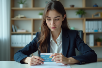 Jeune femme en blazer tenant sa carte de securite sociale