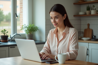 Jeune femme travaillant sur son ordinateur dans une cuisine moderne
