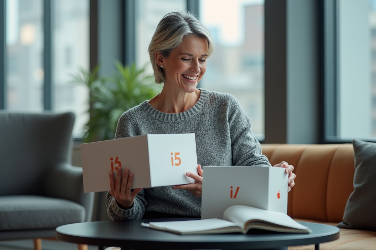 Femme souriante tient deux boîtes d