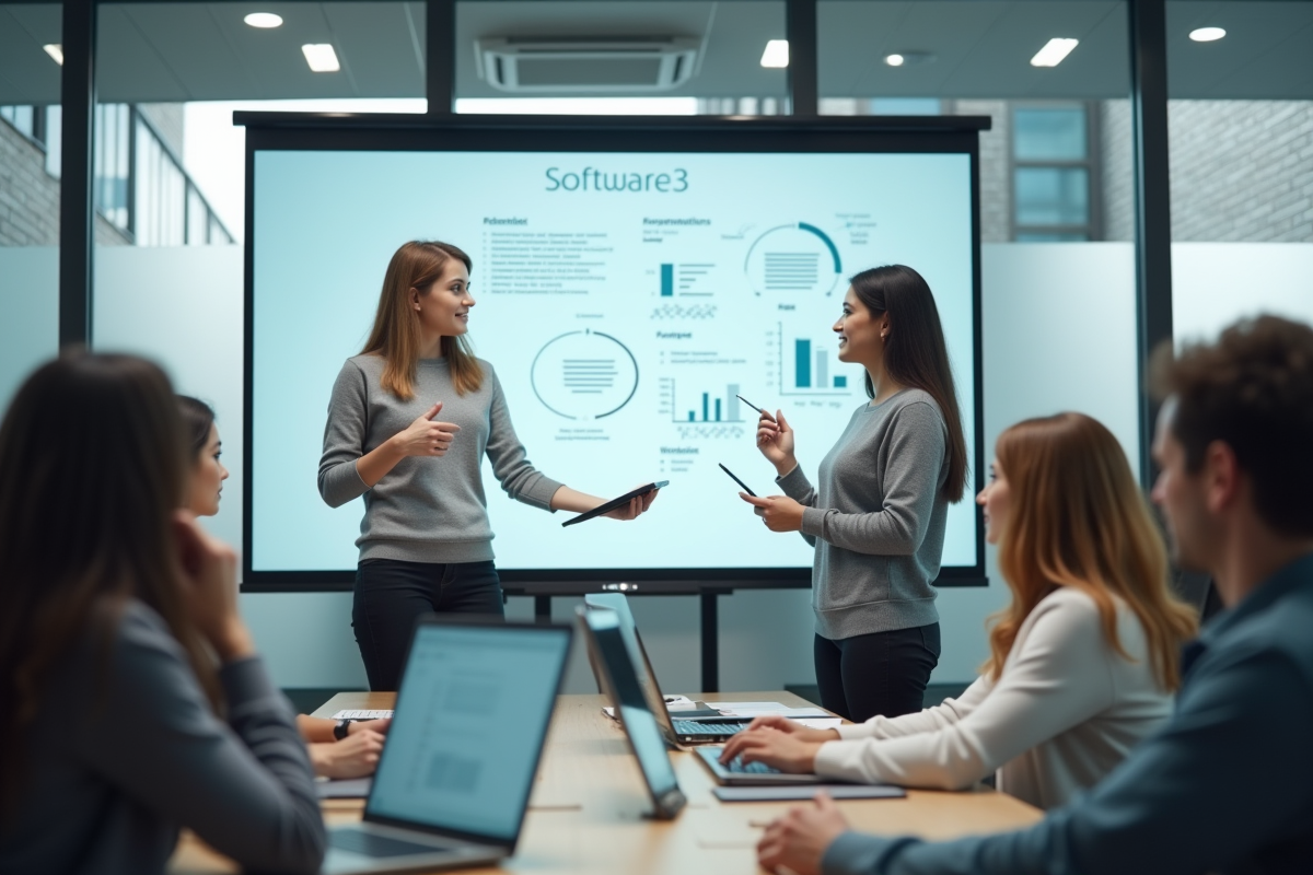 Femme présentant une comparaison SQL à une équipe en réunion