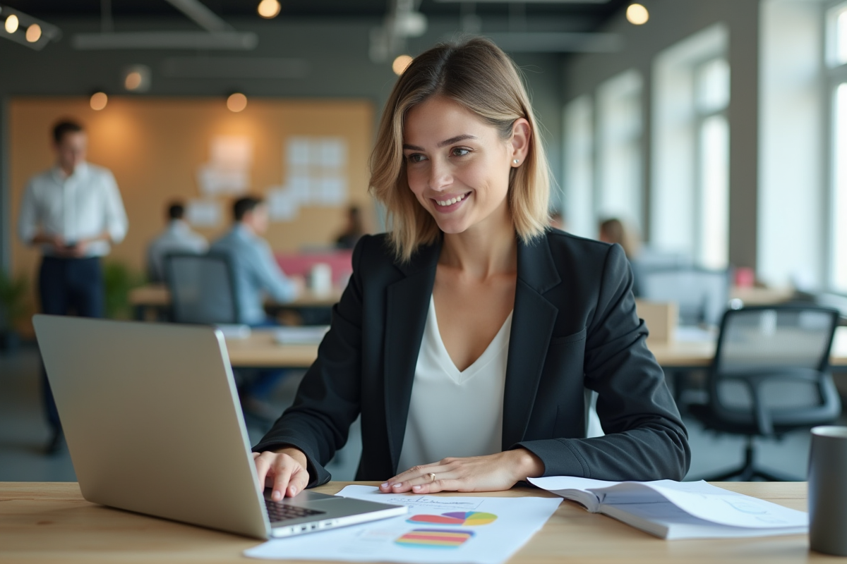 Jeune femme professionnelle travaillant sur son ordinateur dans un bureau lumineux