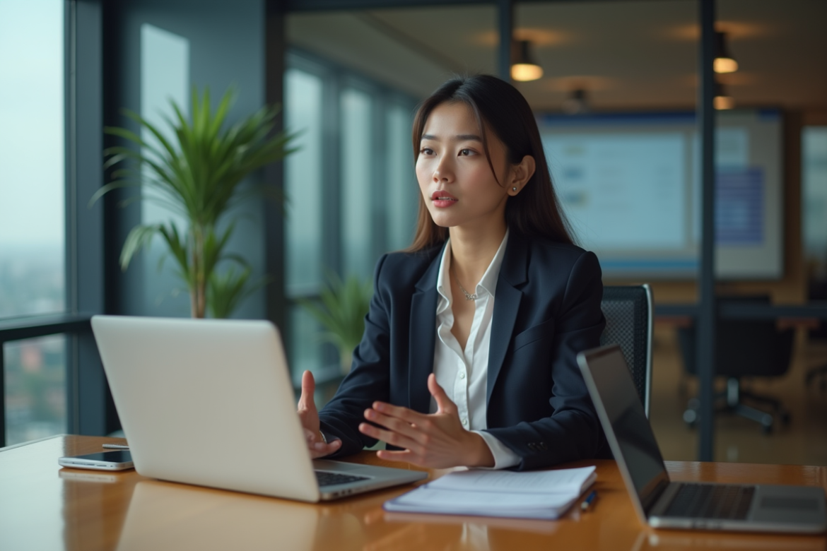 Jeune femme en réunion d'affaires parlant dans un micro