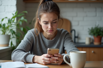 Jeune femme inquiète regardant son smartphone à la maison