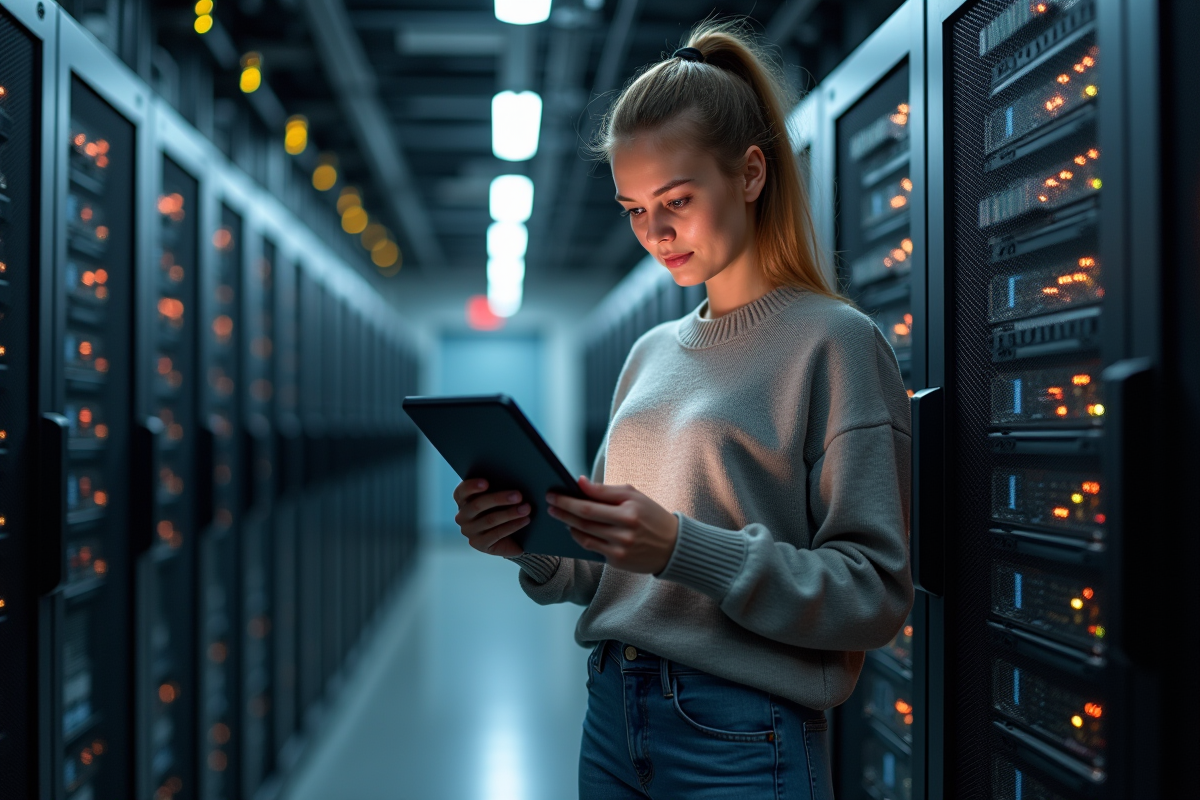 Jeune femme dans une salle serveurs vérifiant un réseau