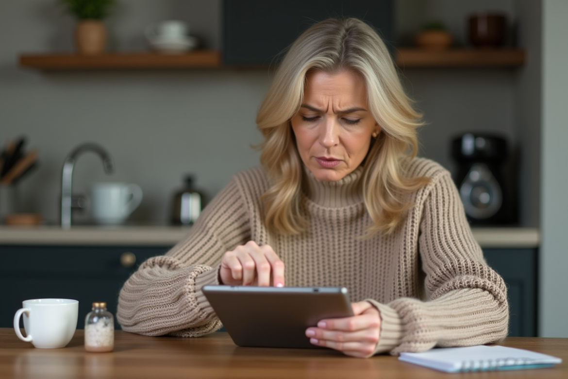 Femme d'âge moyen avec tablette dans la cuisine chaleureuse
