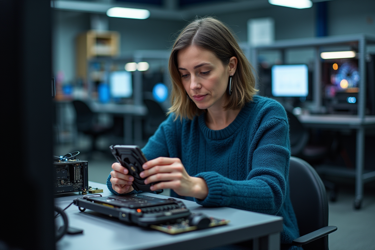 Femme en laboratoire informatique examinant une carte graphique
