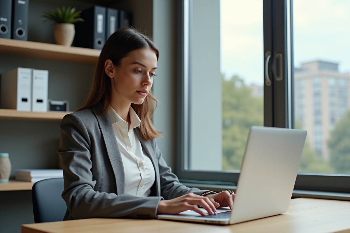Jeune femme concentrée sur son ordinateur dans un bureau moderne
