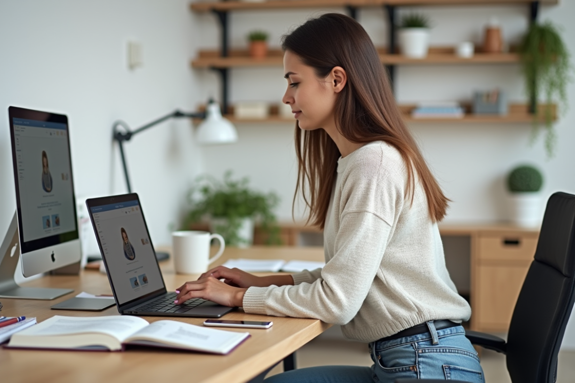 Jeune femme en bureau moderne travaillant sur un site web