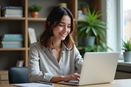 Jeune femme en télétravail utilisant la transcription Google Meet