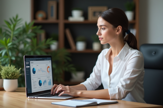 Femme professionnelle travaillant sur un ordinateur avec SEO