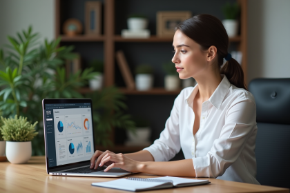 Femme professionnelle travaillant sur un ordinateur avec SEO