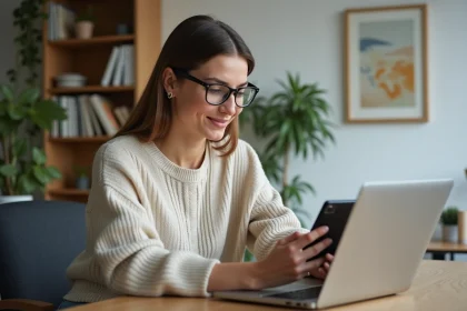 Femme en télétravail dans un bureau moderne avec smartphone