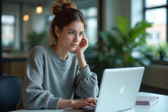 Jeune femme au bureau regardant un erreur 404 sur son ordinateur