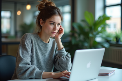 Jeune femme au bureau regardant un erreur 404 sur son ordinateur