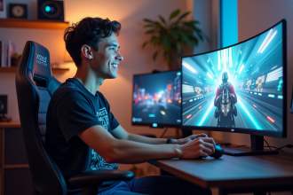 Jeune homme gamer concentré devant un moniteur ultrawide