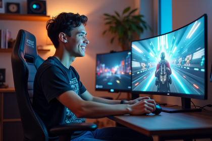 Jeune homme gamer concentré devant un moniteur ultrawide