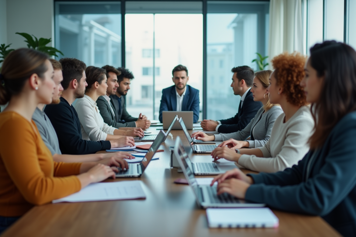 Groupe d'adultes divers en formation informatique en bureau moderne